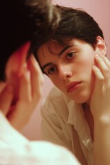 an androgynous model looking into a mirror, shirt half open, soft side lighting, vulnerability and self-reflection mood, pastel background,