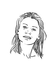 Hand-drawn vector illustration of young woman’s face with slight smile. Black and white minimalistic line art portrait, isolated on white background. Perfect for beauty, emotions, and lifestyle themes