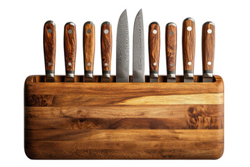 Elegant knife block set rich acacia wood gleaming Damascus steel blades on transparent background
