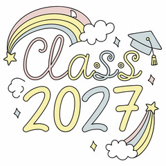 Class Of 2027 Graduate Celebration With Rainbow And Graduation Cap Vector