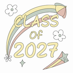 Class Of 2027 Graduation Celebration Retro Style Illustration With Flowers