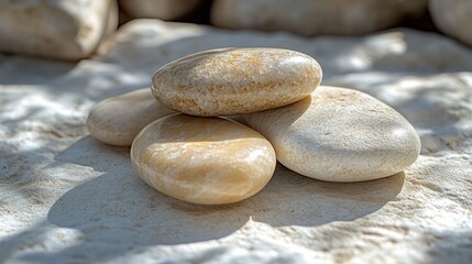Smooth, polished stones resting on a sunlit surface with soft shadows