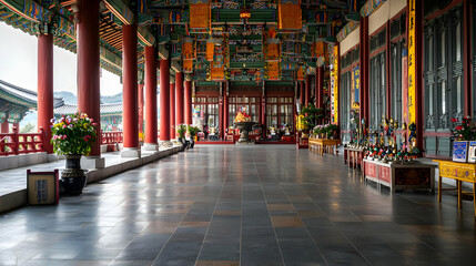 Naklejka premium Grand Asian Temple Corridor With Colorful Decorations