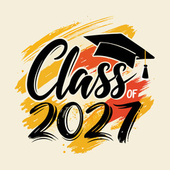 Class Of 2027 Graduation Typography With Mortarboard Hat And Artistic Background