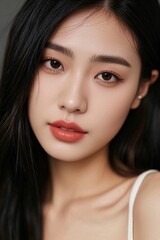 Obraz premium a close up of a woman with long black hair and a white top