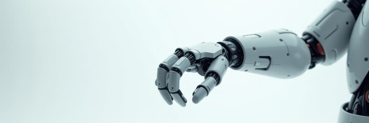 Robotic arm suspended in mid-air within a stark white futuristic environment, industrial, sterile