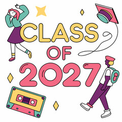 Class Of 2027 Graduation Celebration Featuring Students And Academic Symbols