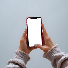 Live chat help service delivery application concept. Top above overhead close up first person view photo of female hands holding smartphone big White screen