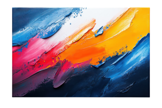 Vibrant abstract painting with bold strokes of blue orange pink and red on transparent background