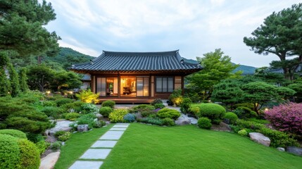 Obraz premium Serene Traditional House Surrounded by Lush Green Garden and Scenic Mountain View at Dusk