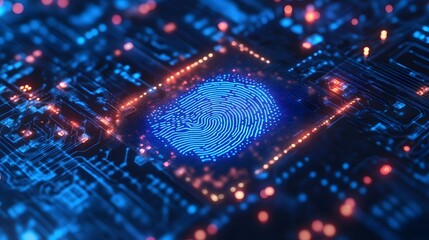 Digital Security: A captivating representation of digital security, featuring a radiant fingerprint encased within a computer's circuit board. Emphasizing a future driven by cyber technology.