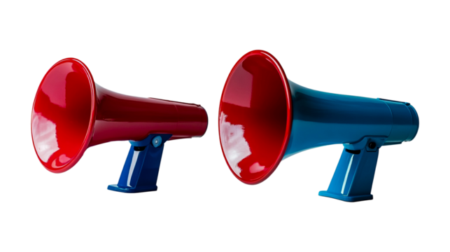 Red and blue megaphones loudhailers communication tools for announcements and public speaking events isolated on a transparent background.