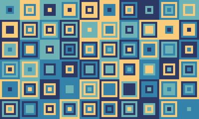 Abstract geometric pattern featuring a vibrant mosaic of squares in shades of blue and beige.