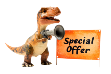 Dinosaur announces a special offer with a megaphone next to an orange sign. transparent background