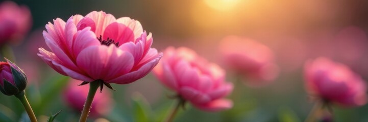 Obraz premium Soft petals of pink ranunculus flowers unfolding in morning dew , delicate, ranunculus, spring