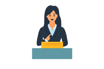 Woman in suit pointing from desk. Minimalist illustration of business scene