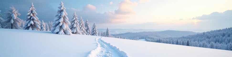 Fototapeta premium Untouched snow blanket, distant trees Pristine winter landscape , calm, winter, blanket