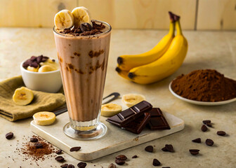Hot coffee and sweet chocolate complement a delicious banana smoothie, a brown breakfast beverage