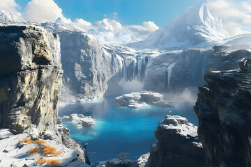 Fototapeta premium Frozen valley with cascading waterfalls and a serene lake.