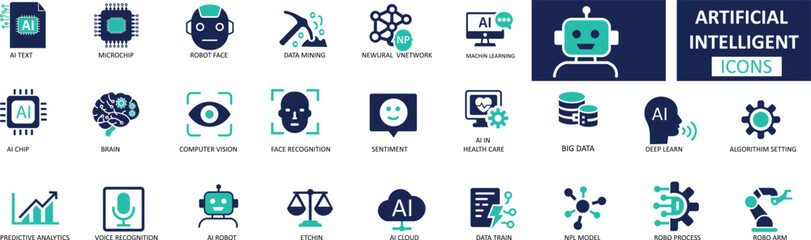 Artificial Intelligence Icon AI, Machine Learning, Neural Network, Smart Tech Symbol.