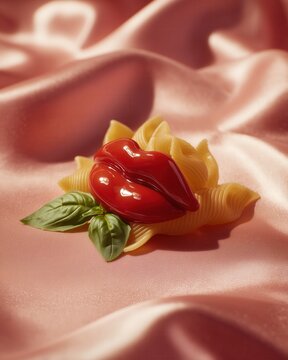 Surreal Still Life of Pasta with Tomato Lips and Basil