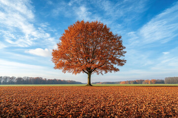 Obraz premium A lone tree in a field, adorned with vibrant leaves, standing tall against the open sky.