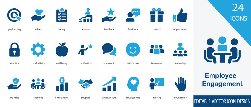 A modern vector illustration depicting employee engagement in the workplace. It highlights motivated employees, teamwork, collaboration, performance appreciation, and a positive work culture. 


