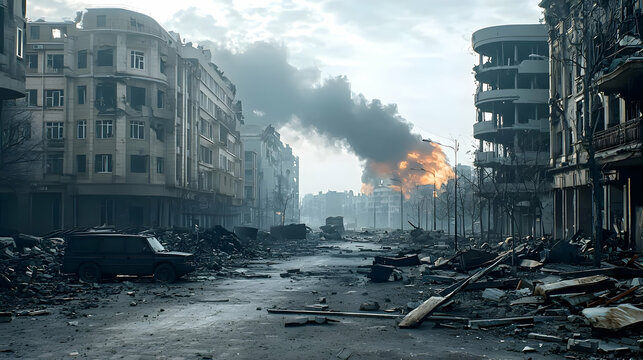 War Torn City Street With Damaged Buildings And Smoke