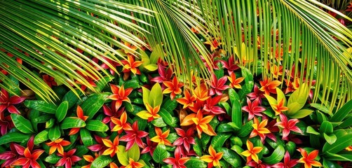 Vibrant tropical foliage scattered beneath palm fronds, green, design