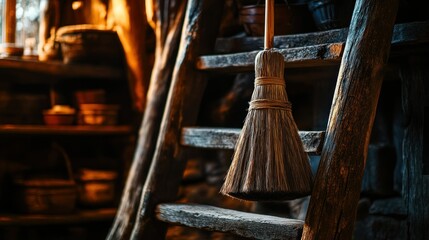 A wooden ladder hangs near a broom in a rustic interior space