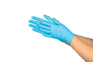 Medical nitrile gloves isolated on white background. Surgical latex gloves. Rubber gloves production. Doctor or nurse putting on protective gloves. Medicine concept. Sterility, protection.