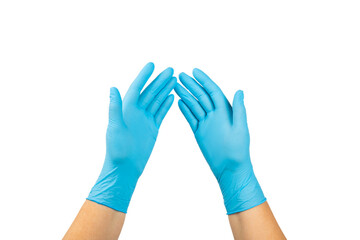 Medical nitrile gloves isolated on white background. Surgical latex gloves. Rubber gloves production. Doctor or nurse putting on protective gloves. Medicine concept. Sterility, protection.