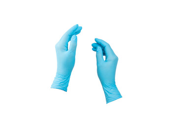 Medical nitrile gloves isolated on white background. Surgical latex gloves. Rubber gloves production. Doctor or nurse putting on protective gloves. Medicine concept. Sterility, protection.
