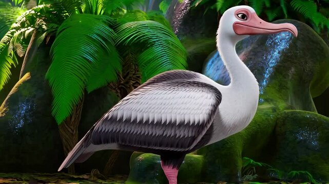Dodo bird wanders through a lush tropical forest, searching for food in the serene environment