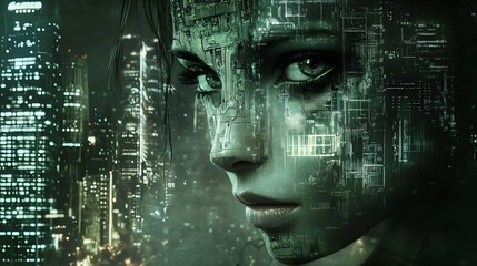 Digital Soul: A captivating digital artwork blends human features with intricate circuitry, creating a mesmerizing fusion of humanity and technology against a backdrop of a cityscape.