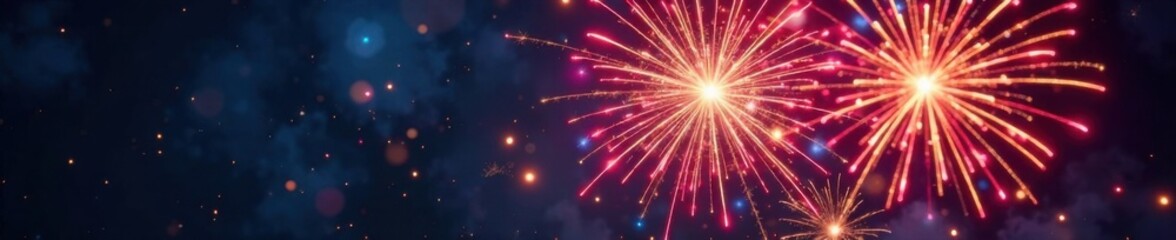 Colorful fireworks exploding in mid-air with sparklers and glitter , festive atmosphere, glitter, explosive fireworks