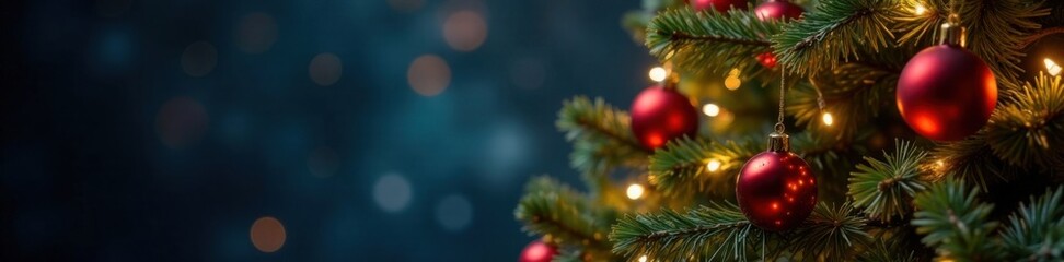 Fototapeta premium Christmas tree decorated with lights and ornaments, Ornaments, Decorations, Greenery