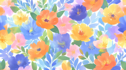 A vibrant summer meadow bursting with joyful pastel flowers in a soft watercolor style, featuring delicate blossoms and lush foliage.