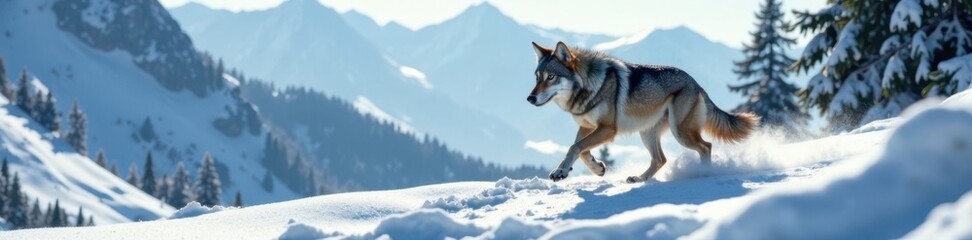 Obraz premium A majestic gray wolf runs through the snow-covered mountains, wildlife, wild
