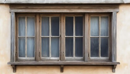 A four pane window with a wooden frame on a light colored wall art