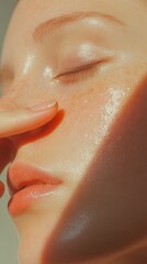 Fototapeta premium Close-up of a woman's hand applying toner for glowing skin in natural light with a soft-focus background and radiant complexion Generative AI