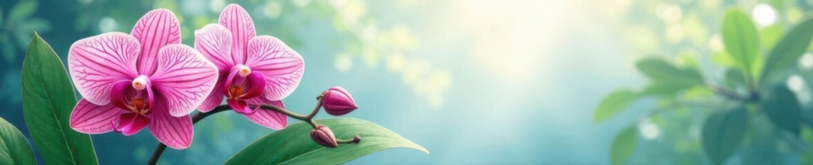 Obraz premium Exotic orchid stem with intricate patterned leaves in watercolor style, set against a tropical background , Greenery, Floral Pattern