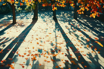 Lush green leaves scattering the ground, vibrant hues standing out against brown soil, conveying the arrival of autumn with a sense of movement and transformation.