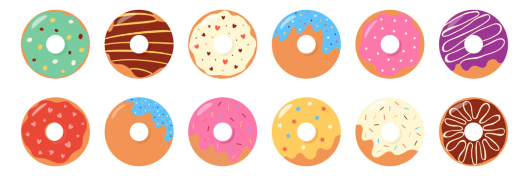 Large set of donuts in multicolored glaze with sprinkles. Assorted colorful doughnuts. Tasty donut set isolated on white background for cafe decoration or menu design