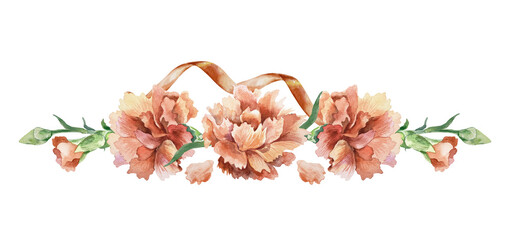 Red carnations, horizontal banner. Hand drawn watercolor illustration of flowers isolated on white. For Revolution Day, Remembrance Day, Victory Day greeting cards, invitations, posters, labels.