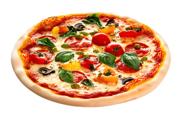 Fresh pizza Pepperoni, tomatoes, basil, peppers, mushrooms, and cheese on a crisp crust against a transparent background