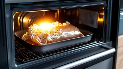 Popcorn microwave snack time Oven with a tray of popcorn cooking inside, glowing with heat.