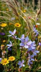 Fototapeta premium Delicate Campanula blossoms amidst wildflowers and swaying grasses, floral, background, bloom