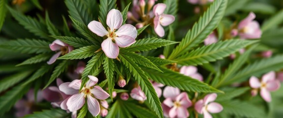 Obraz premium Delicate pink blossoms intertwined with cannabis leaves, creating a unique floral arrangement, nature, pink flowers, vibrant