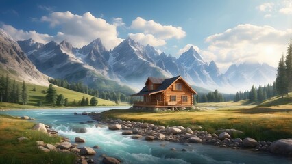 Naklejka premium A picturesque landscape featuring a tranquil river flowing through a valley, flanked by lush greenery and autumn-colored trees